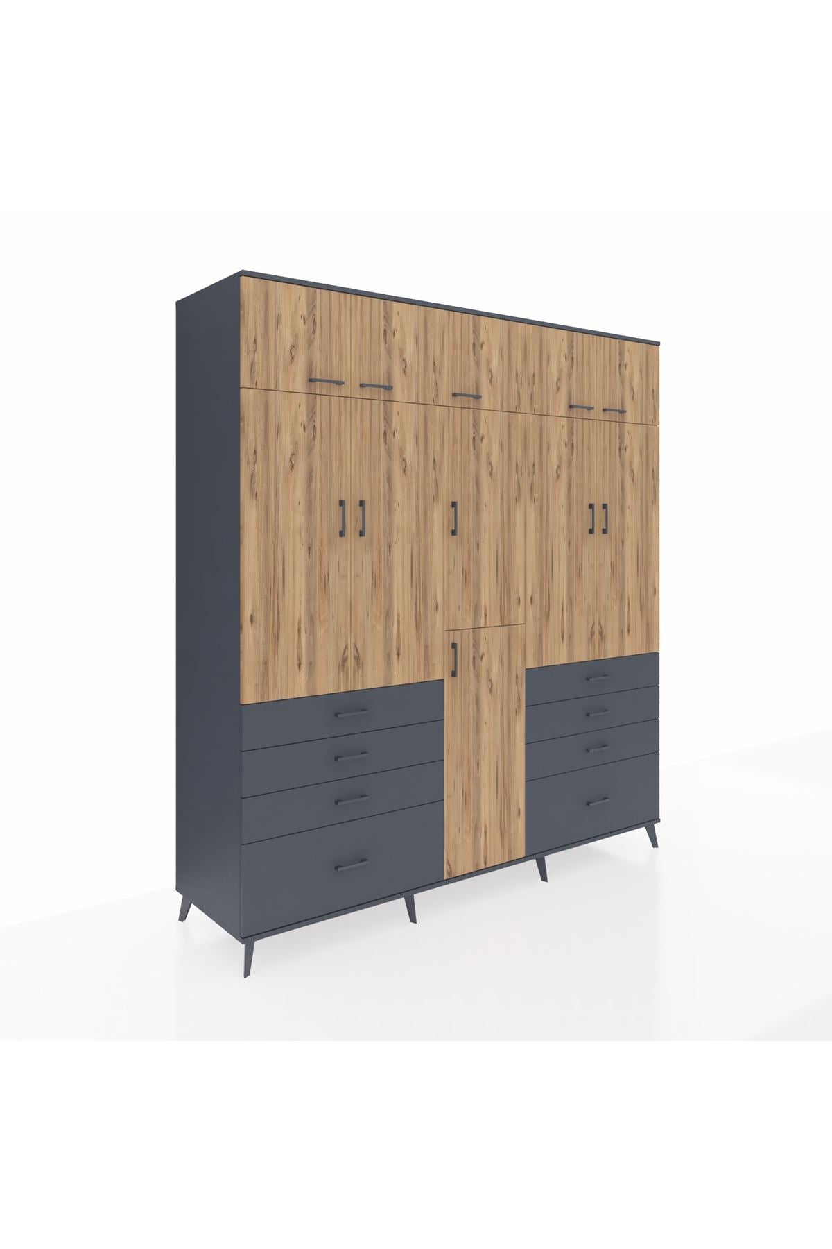 Kronos Dolap 8 Raflı 8 Çekmeceli 3 Askılı 220x59x243 Antrasit-Çam/Antrasit