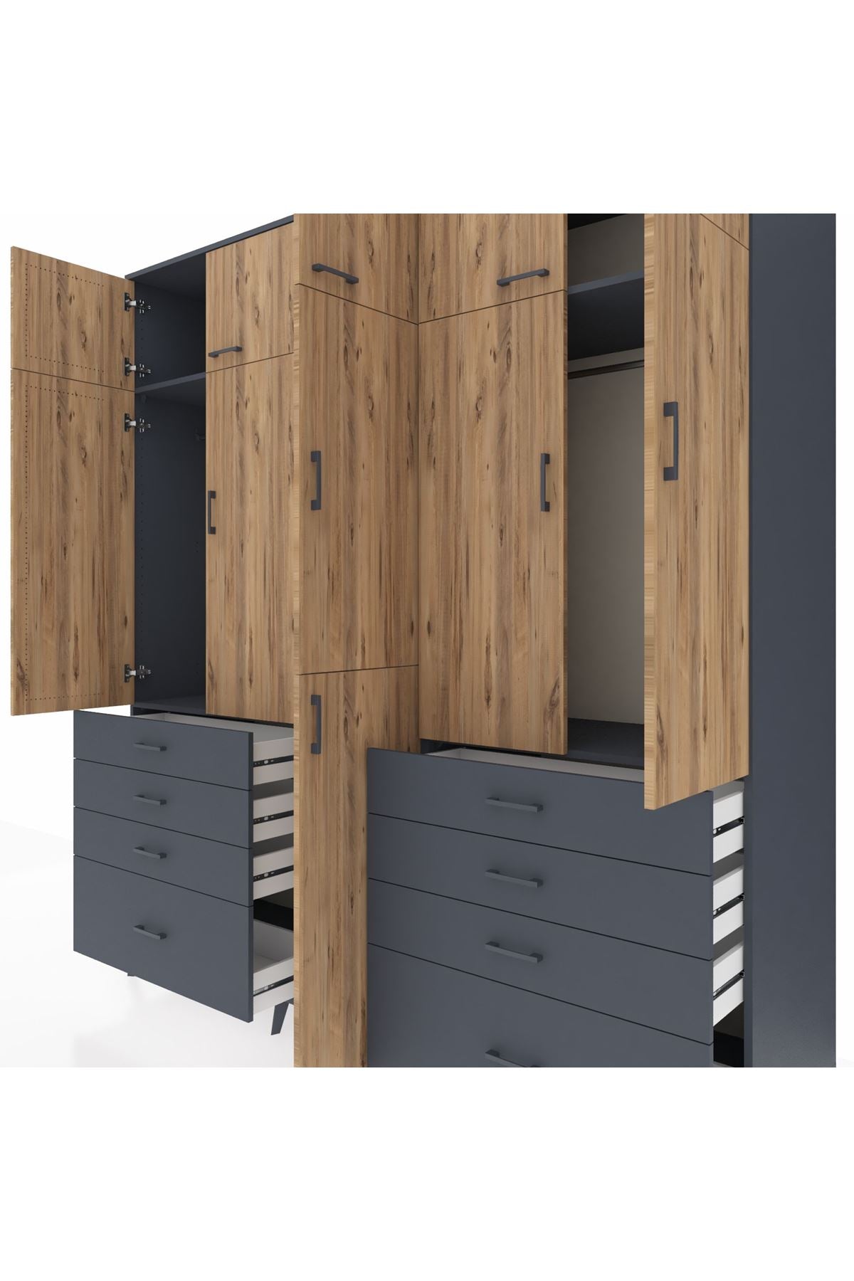 Kronos Dolap 8 Raflı 8 Çekmeceli 3 Askılı 220x59x243 Antrasit-Çam/Antrasit