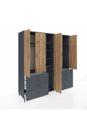 Kronos Dolap 8 Raflı 8 Çekmeceli 3 Askılı 220x59x243 Antrasit-Çam/Antrasit