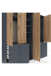 Kronos Dolap 8 Raflı 8 Çekmeceli 3 Askılı 220x59x243 Antrasit-Çam/Antrasit