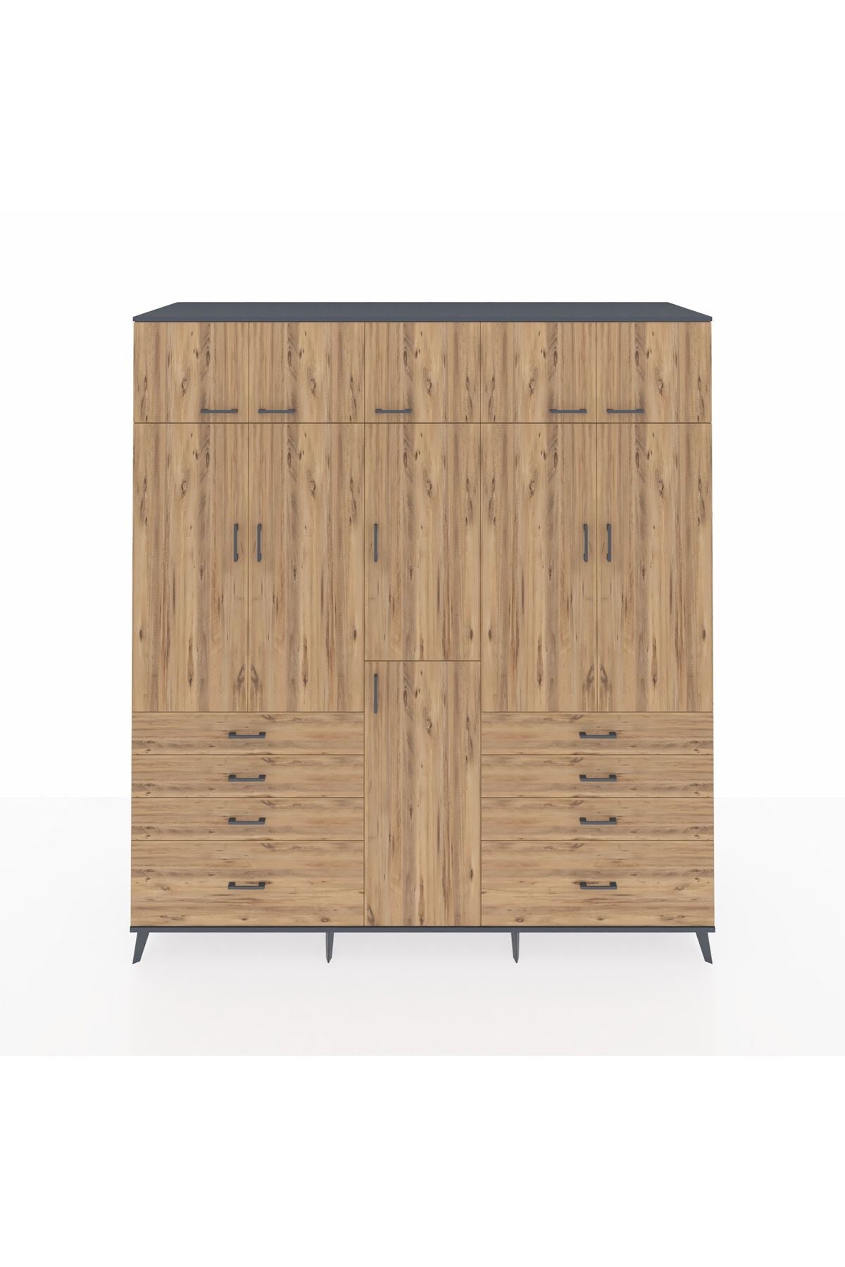 Kronos Dolap 8 Raflı 8 Çekmeceli 3 Askılı 220x59x243 Antrasit-Çam/Çam