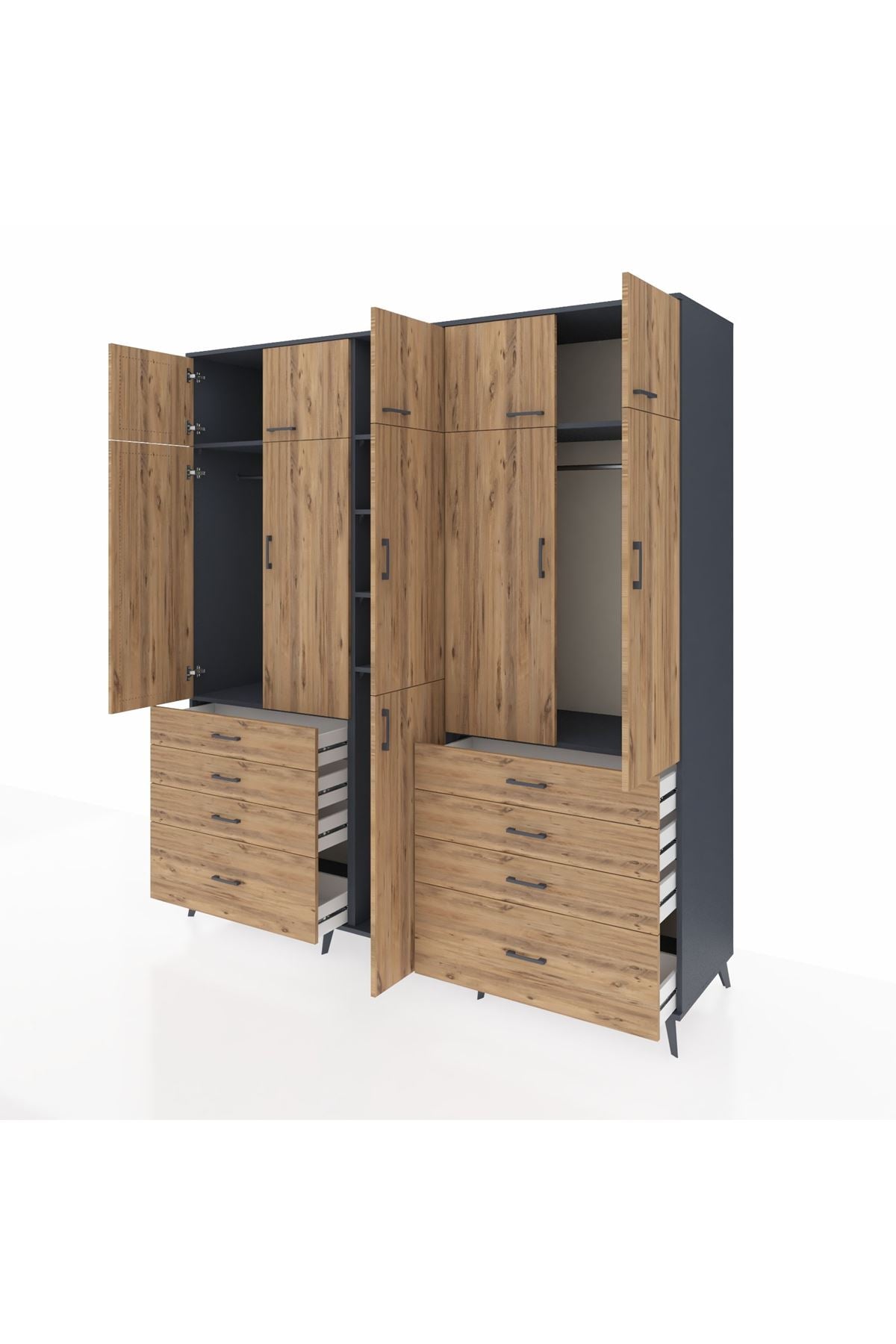 Kronos Dolap 8 Raflı 8 Çekmeceli 3 Askılı 220x59x243 Antrasit-Çam/Çam