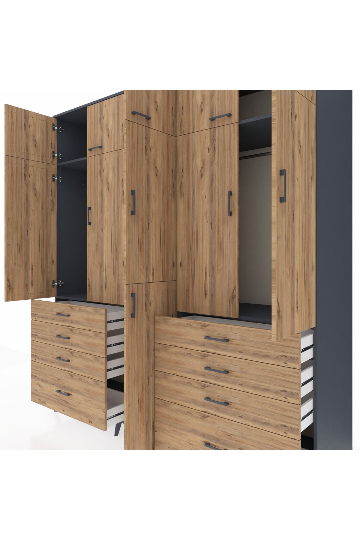 Kronos Dolap 8 Raflı 8 Çekmeceli 3 Askılı 220x59x243 Antrasit-Çam/Çam