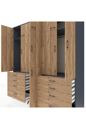 Kronos Dolap 8 Raflı 8 Çekmeceli 3 Askılı 220x59x243 Antrasit-Çam/Çam