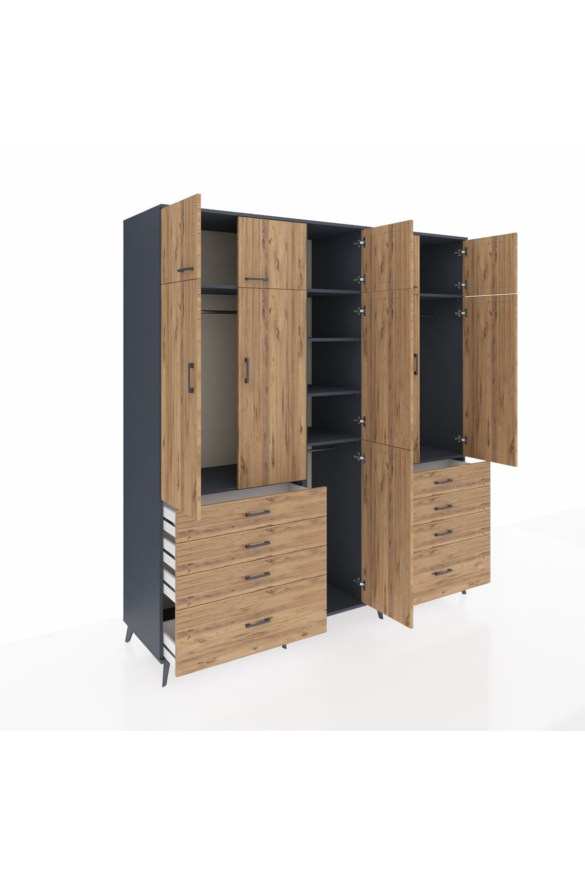 Kronos Dolap 8 Raflı 8 Çekmeceli 3 Askılı 220x59x243 Antrasit-Çam/Çam