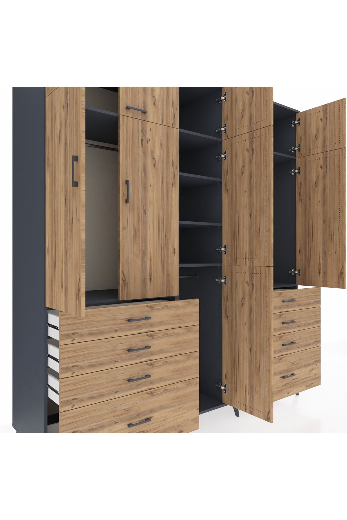 Kronos Dolap 8 Raflı 8 Çekmeceli 3 Askılı 220x59x243 Antrasit-Çam/Çam