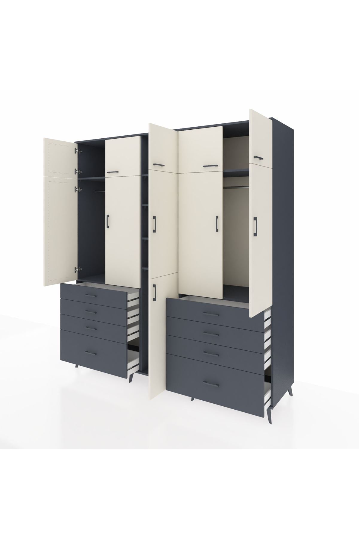 Kronos Dolap 8 Raflı 8 Çekmeceli 3 Askılı 220x59x243 Antrasit-Aytaşı/Antrasit