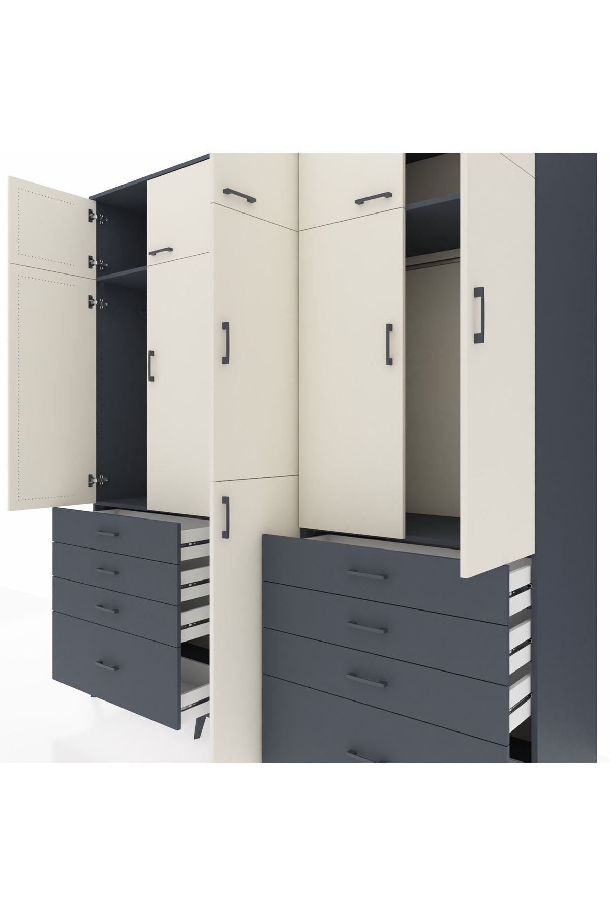 Kronos Dolap 8 Raflı 8 Çekmeceli 3 Askılı 220x59x243 Antrasit-Aytaşı/Antrasit