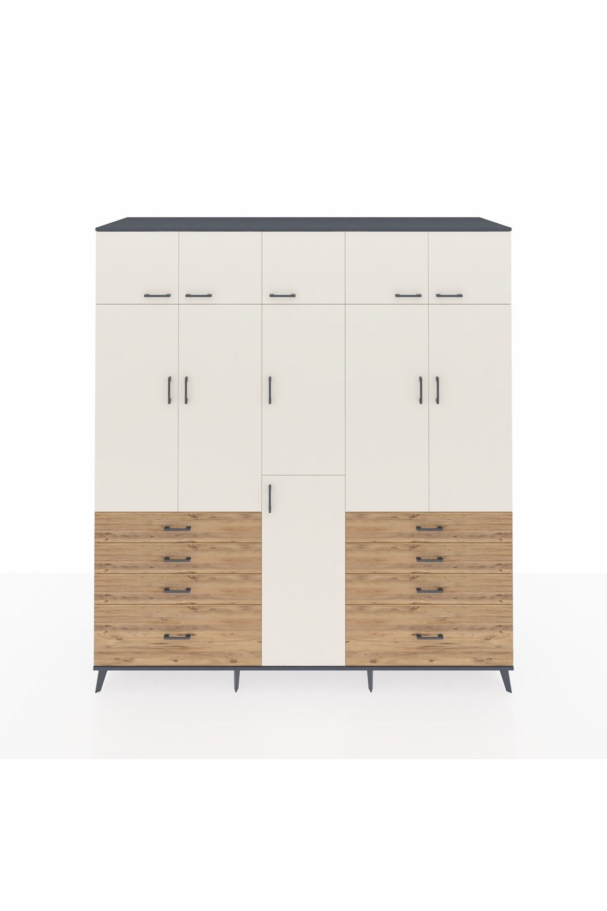 Kronos Dolap 8 Raflı 8 Çekmeceli 3 Askılı 220x59x243 Antrasit-Aytaşı/Çam