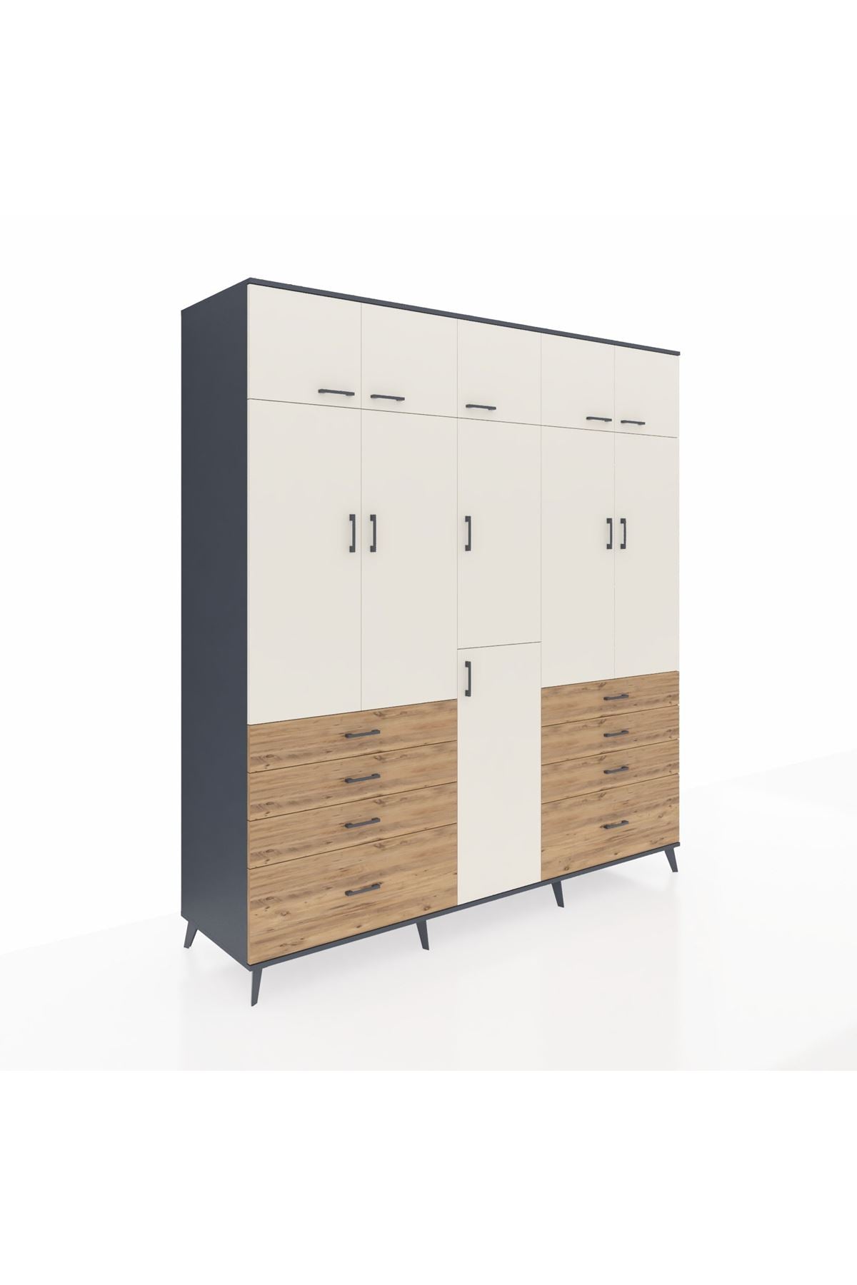 Kronos Dolap 8 Raflı 8 Çekmeceli 3 Askılı 220x59x243 Antrasit-Aytaşı/Çam