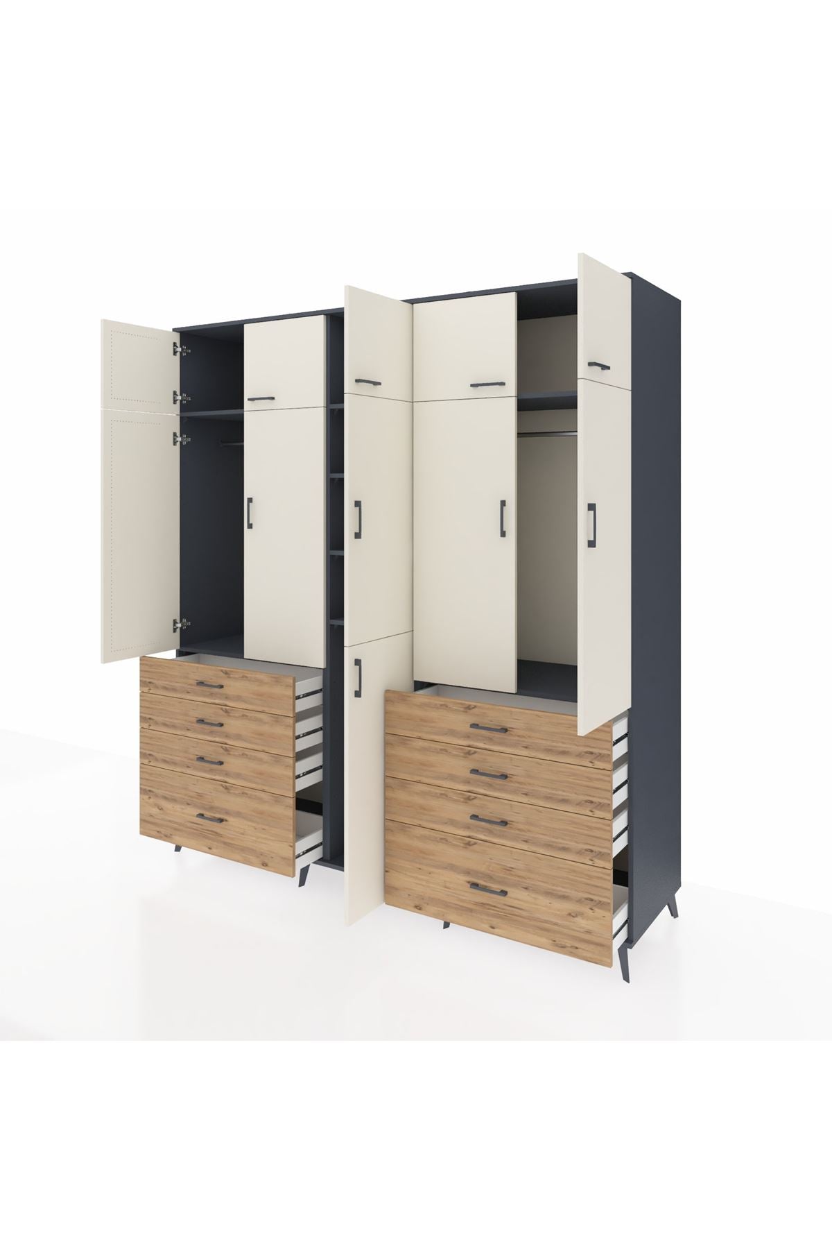 Kronos Dolap 8 Raflı 8 Çekmeceli 3 Askılı 220x59x243 Antrasit-Aytaşı/Çam