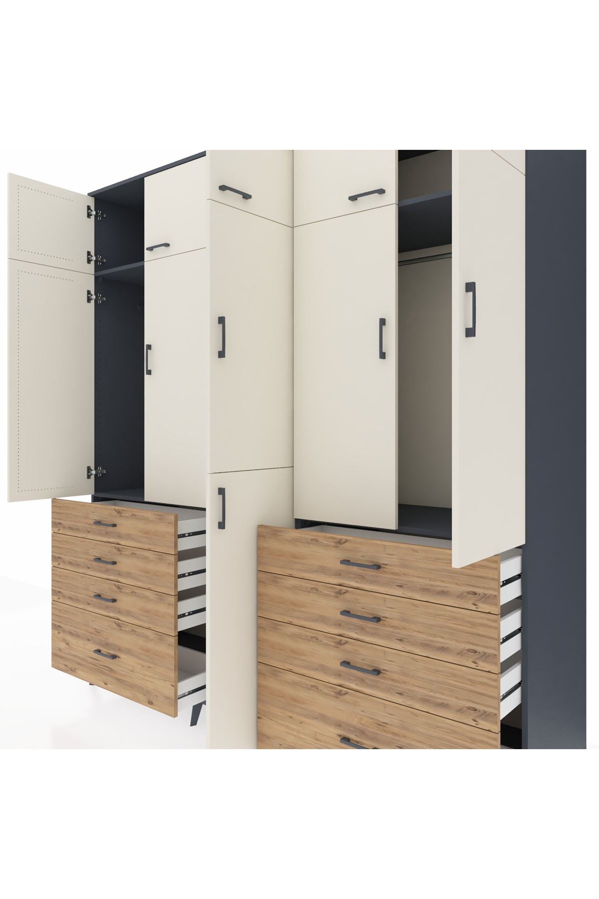 Kronos Dolap 8 Raflı 8 Çekmeceli 3 Askılı 220x59x243 Antrasit-Aytaşı/Çam