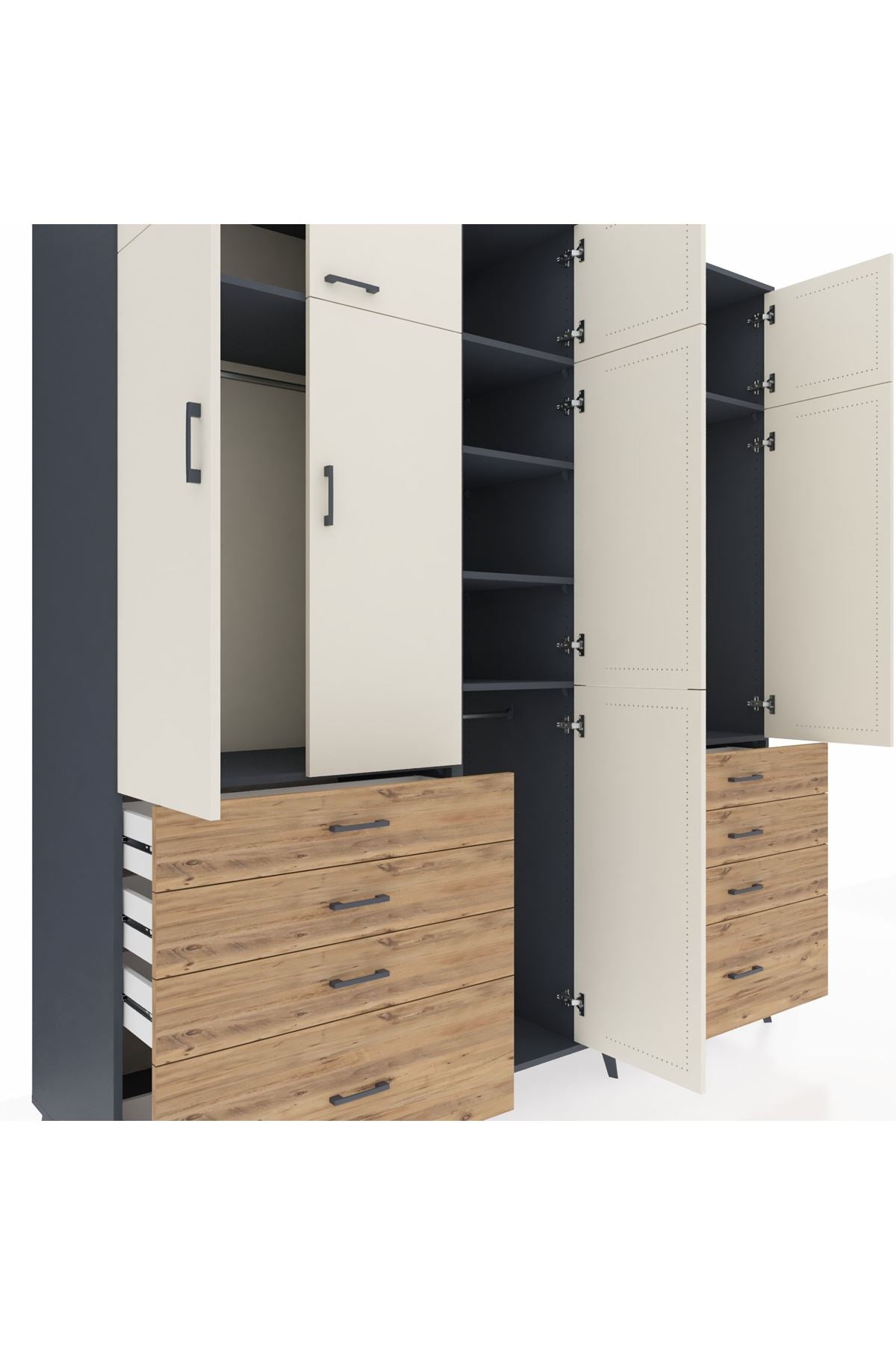 Kronos Dolap 8 Raflı 8 Çekmeceli 3 Askılı 220x59x243 Antrasit-Aytaşı/Çam