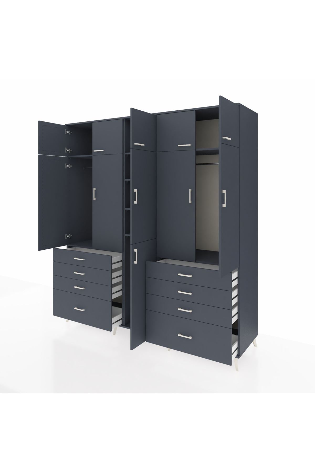 Kronos Dolap 8 Raflı 8 Çekmeceli 3 Askılı 220x59x243 Antrasit-Antrasit/Antrasit