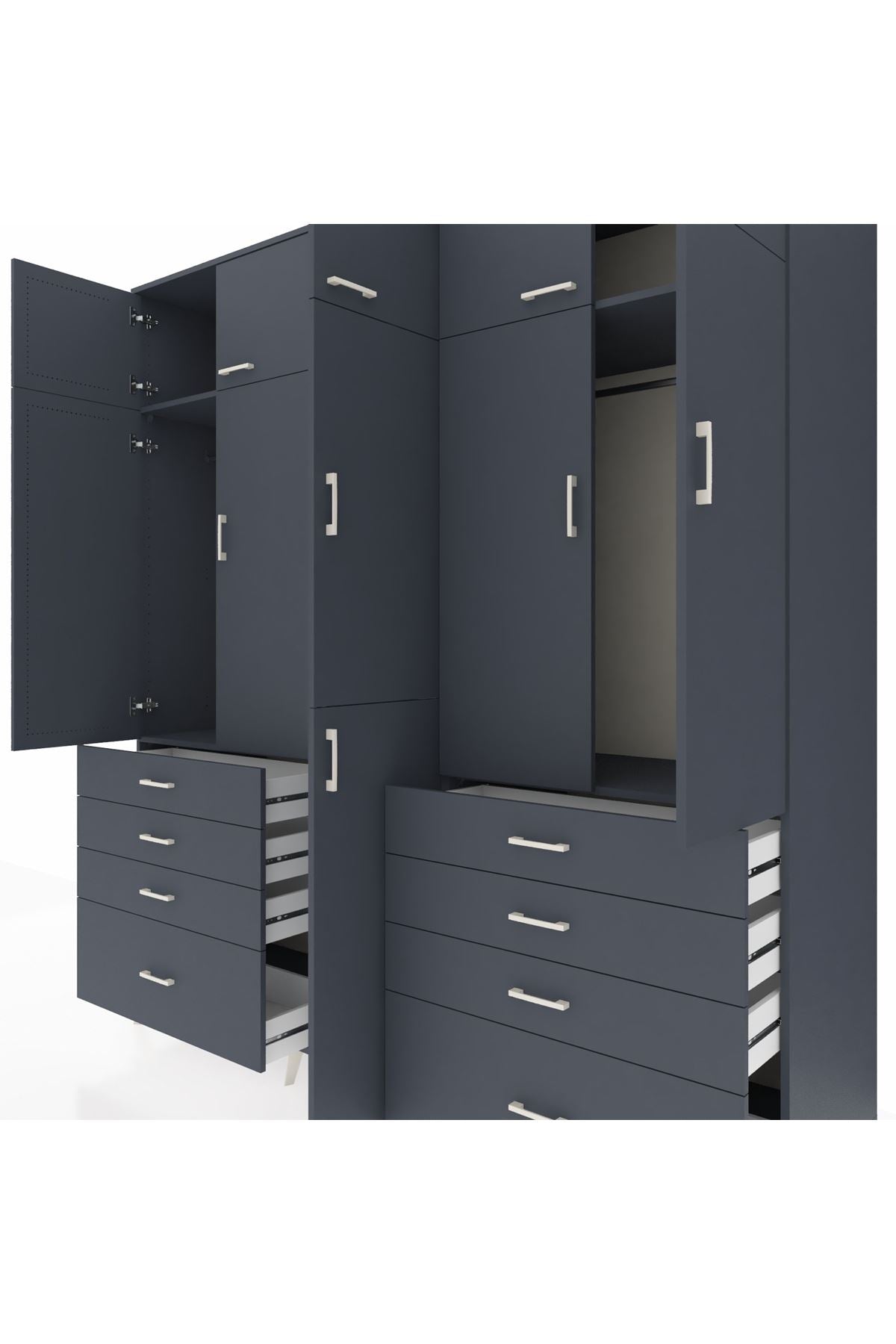 Kronos Dolap 8 Raflı 8 Çekmeceli 3 Askılı 220x59x243 Antrasit-Antrasit/Antrasit