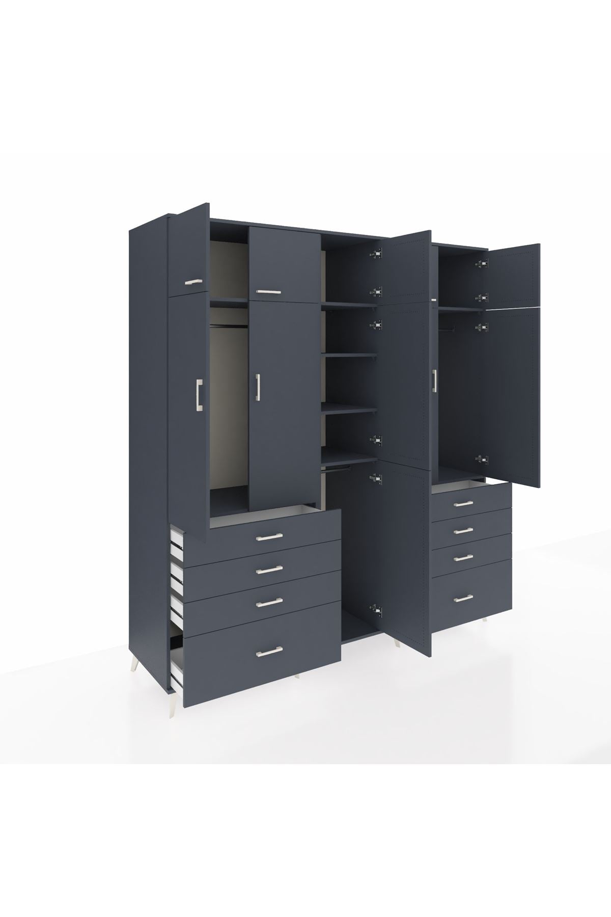 Kronos Dolap 8 Raflı 8 Çekmeceli 3 Askılı 220x59x243 Antrasit-Antrasit/Antrasit