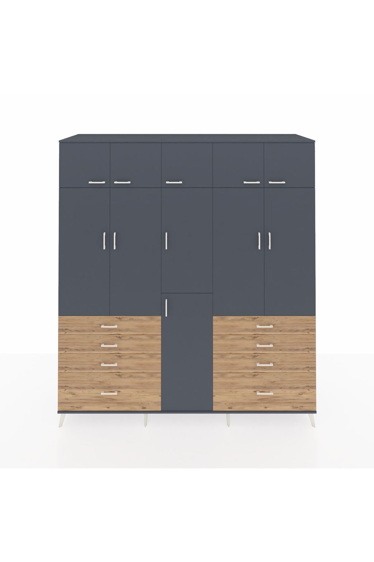 Kronos Dolap 8 Raflı 8 Çekmeceli 3 Askılı 220x59x243 Antrasit-Antrasit/Çam