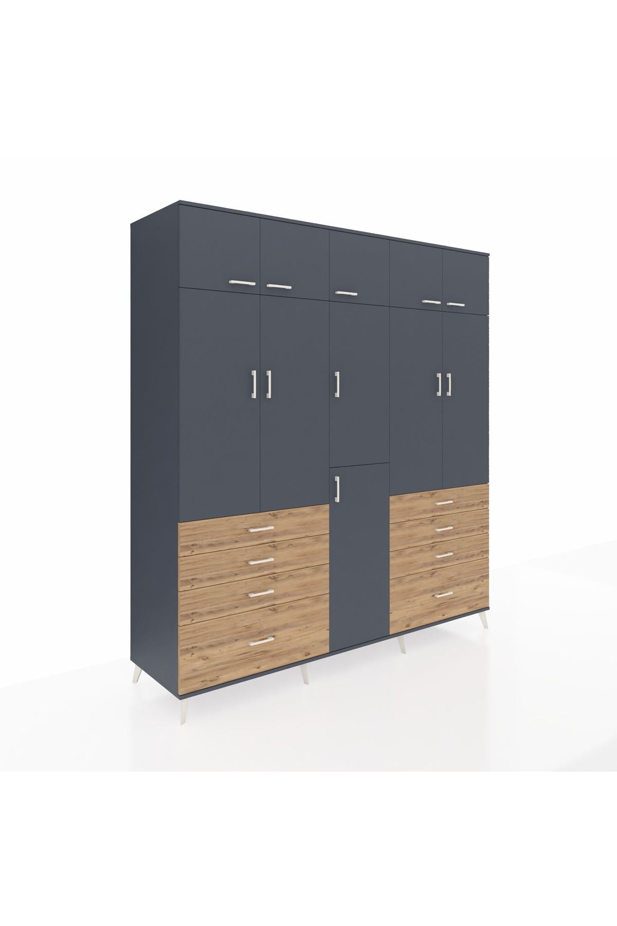 Kronos Dolap 8 Raflı 8 Çekmeceli 3 Askılı 220x59x243 Antrasit-Antrasit/Çam