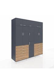 Kronos Dolap 8 Raflı 8 Çekmeceli 3 Askılı 220x59x243 Antrasit-Antrasit/Çam