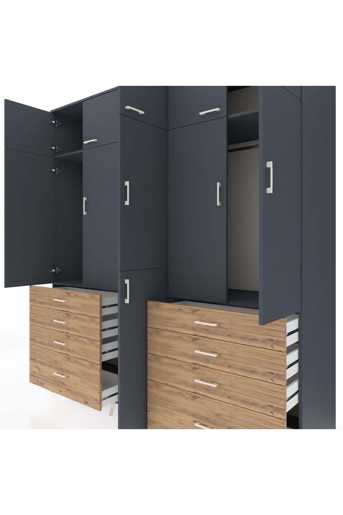 Kronos Dolap 8 Raflı 8 Çekmeceli 3 Askılı 220x59x243 Antrasit-Antrasit/Çam