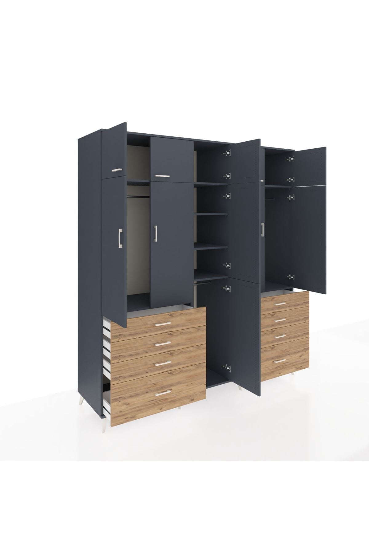 Kronos Dolap 8 Raflı 8 Çekmeceli 3 Askılı 220x59x243 Antrasit-Antrasit/Çam