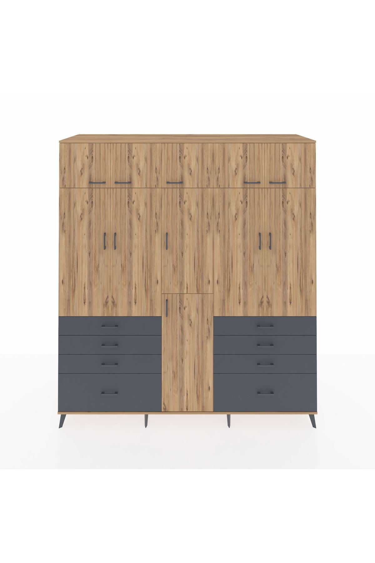 Kronos Dolap 8 Raflı 8 Çekmeceli 3 Askılı 220x59x243 Çam-Çam/Antrasit