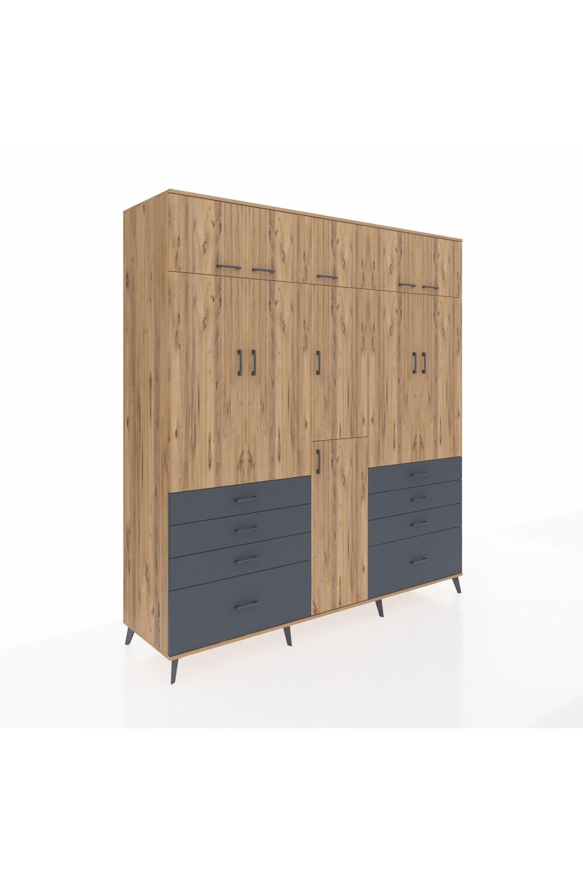 Kronos Dolap 8 Raflı 8 Çekmeceli 3 Askılı 220x59x243 Çam-Çam/Antrasit