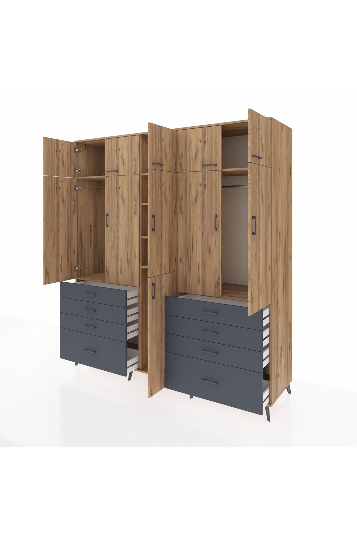 Kronos Dolap 8 Raflı 8 Çekmeceli 3 Askılı 220x59x243 Çam-Çam/Antrasit