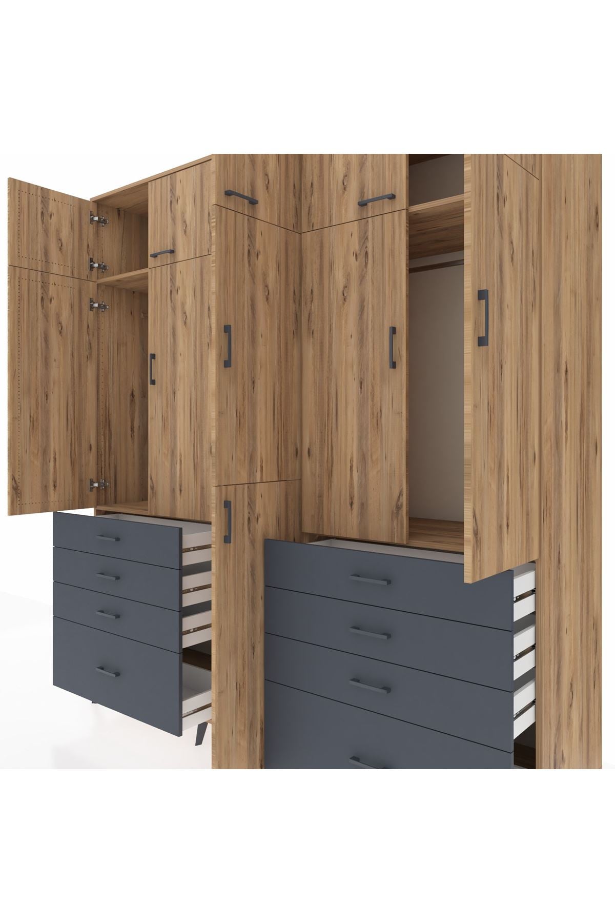 Kronos Dolap 8 Raflı 8 Çekmeceli 3 Askılı 220x59x243 Çam-Çam/Antrasit