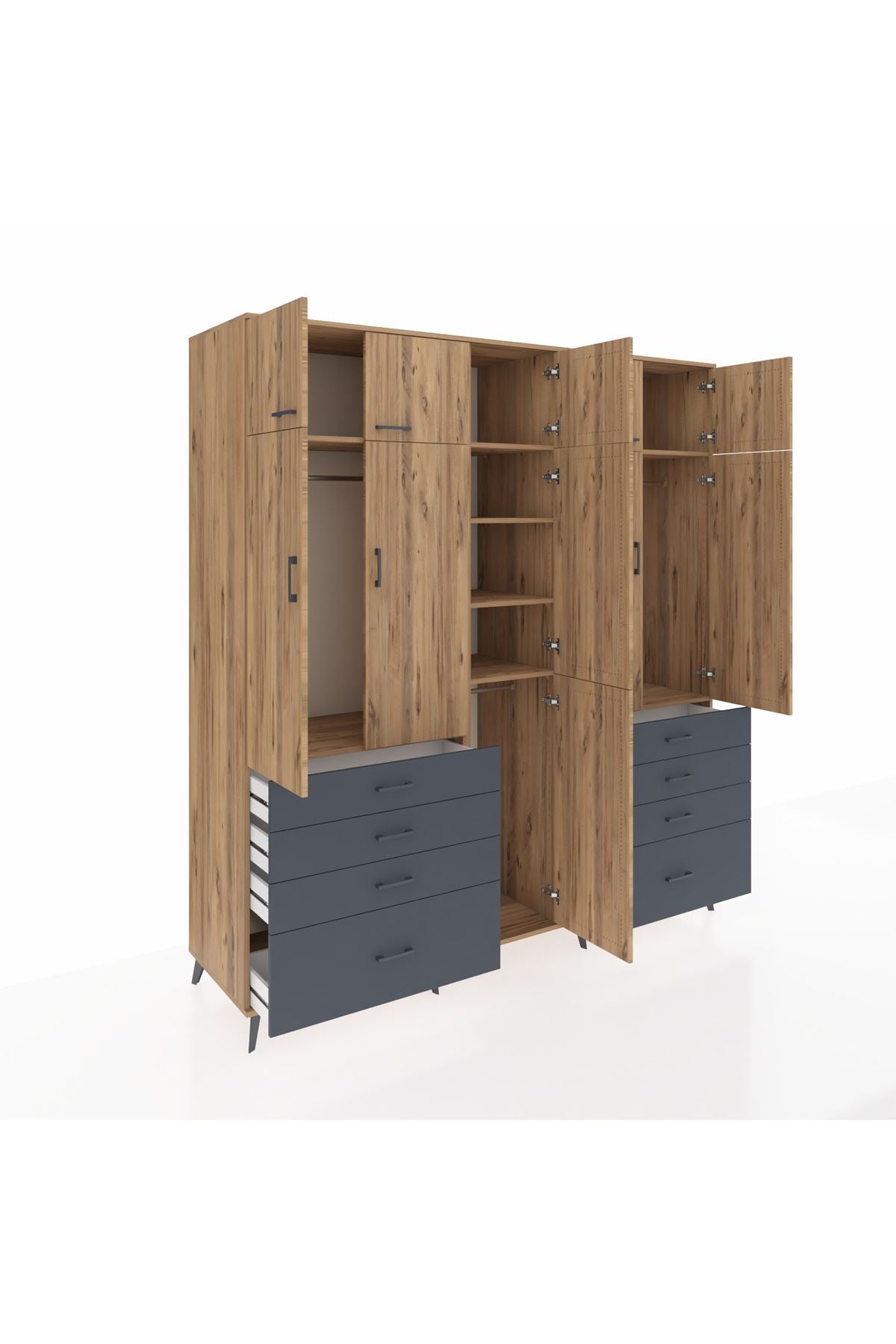 Kronos Dolap 8 Raflı 8 Çekmeceli 3 Askılı 220x59x243 Çam-Çam/Antrasit