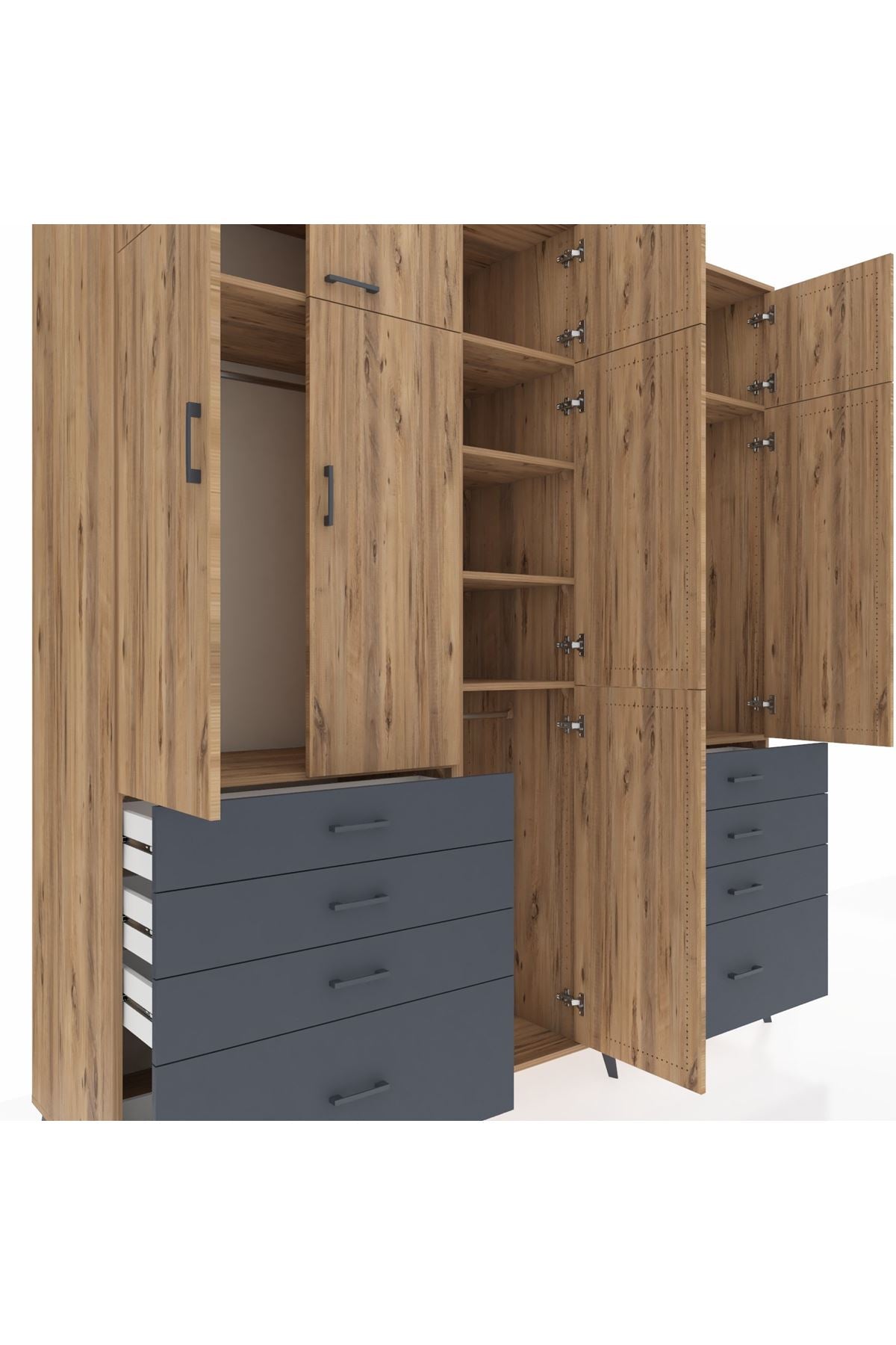 Kronos Dolap 8 Raflı 8 Çekmeceli 3 Askılı 220x59x243 Çam-Çam/Antrasit