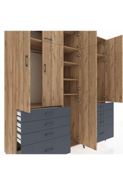 Kronos Dolap 8 Raflı 8 Çekmeceli 3 Askılı 220x59x243 Çam-Çam/Antrasit