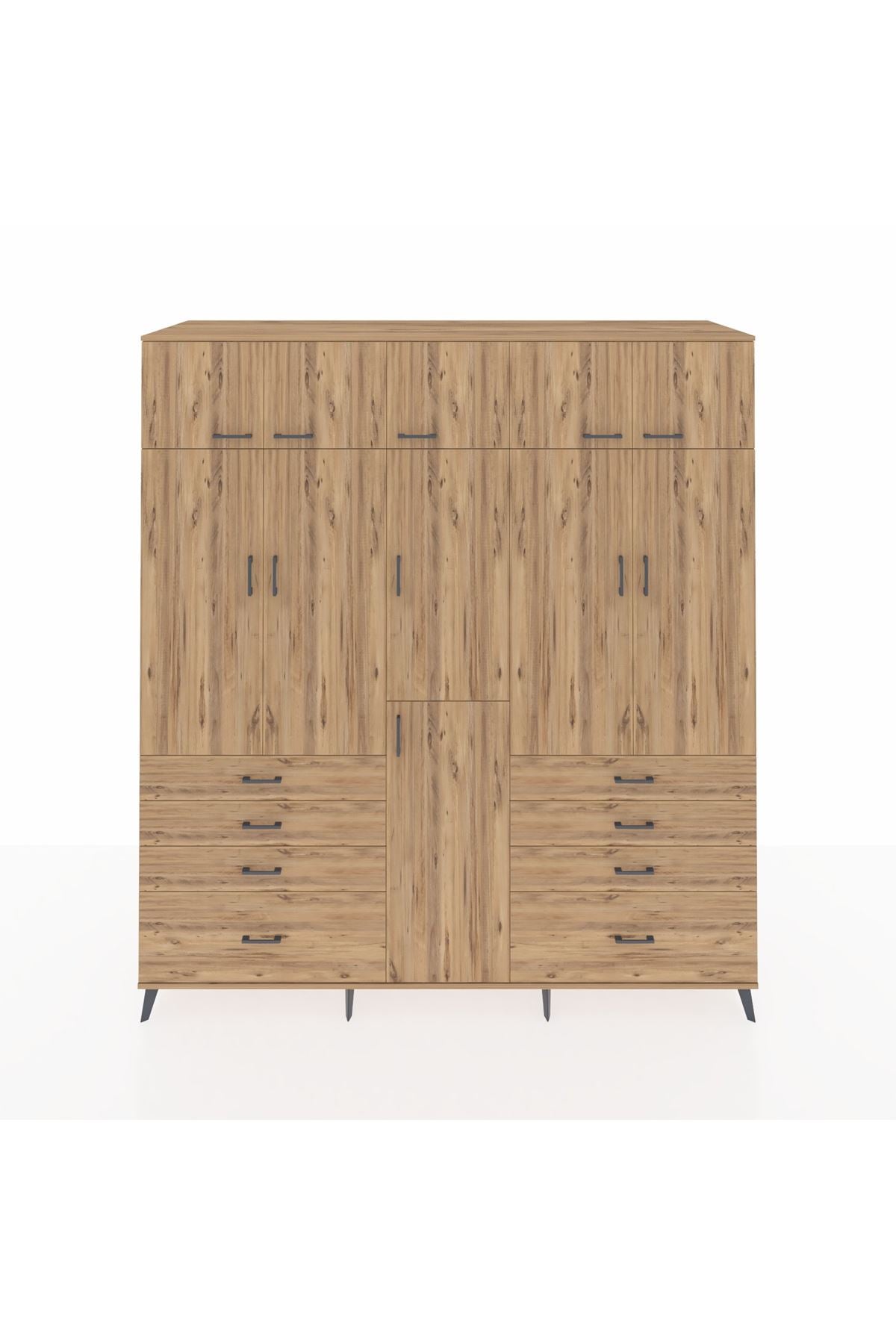 Kronos Dolap 8 Raflı 8 Çekmeceli 3 Askılı 220x59x243 Çam-Çam/Çam