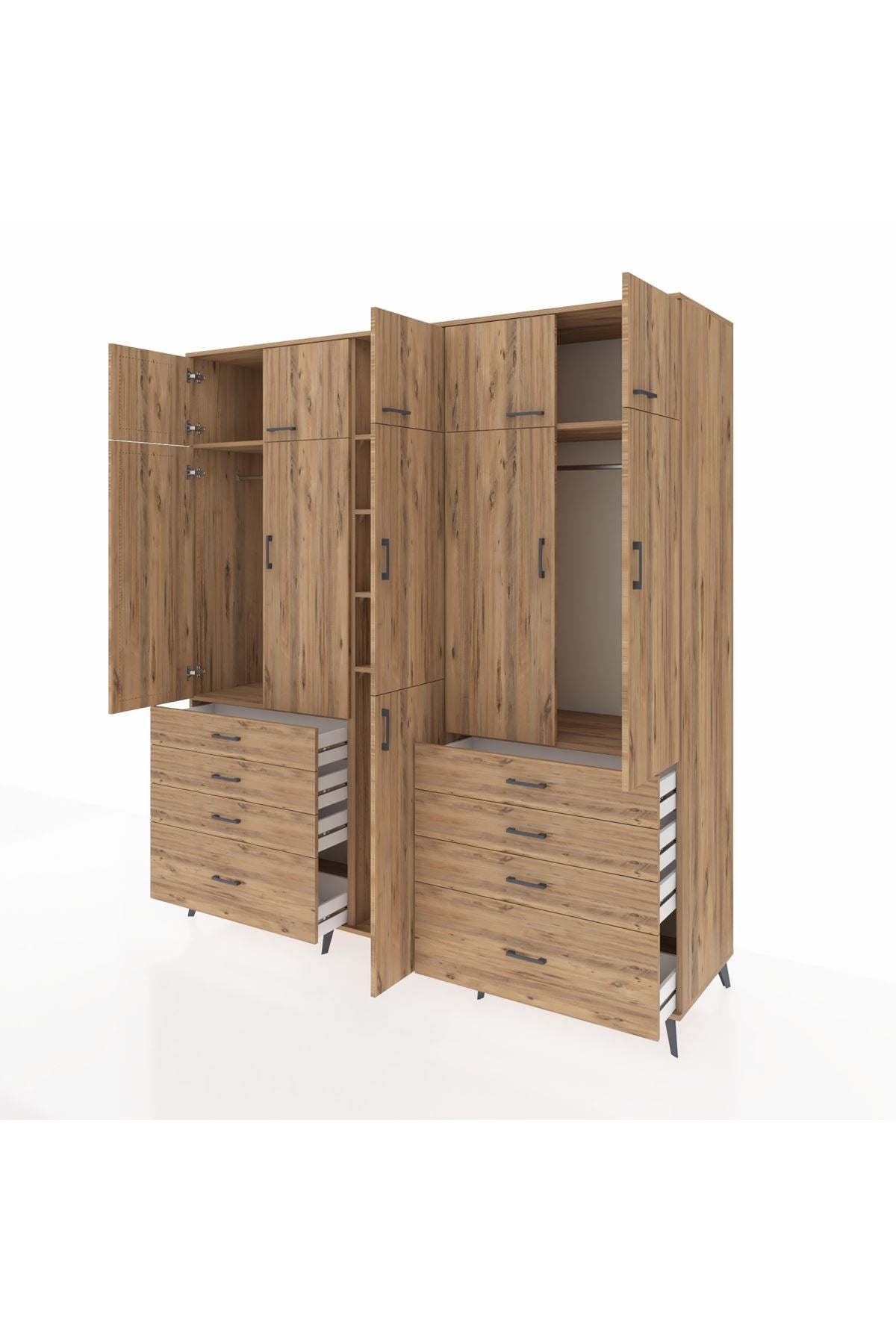 Kronos Dolap 8 Raflı 8 Çekmeceli 3 Askılı 220x59x243 Çam-Çam/Çam