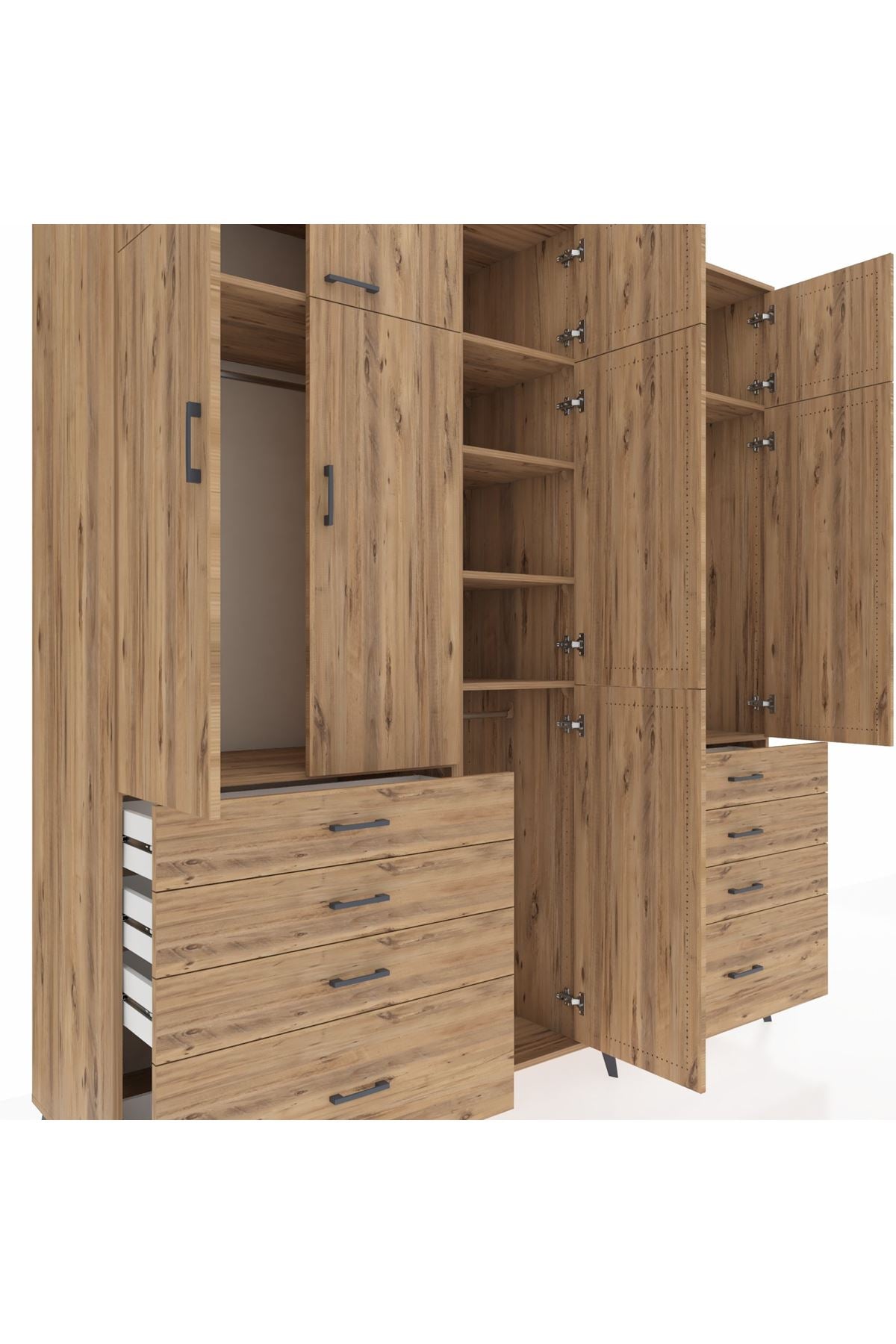 Kronos Dolap 8 Raflı 8 Çekmeceli 3 Askılı 220x59x243 Çam-Çam/Çam