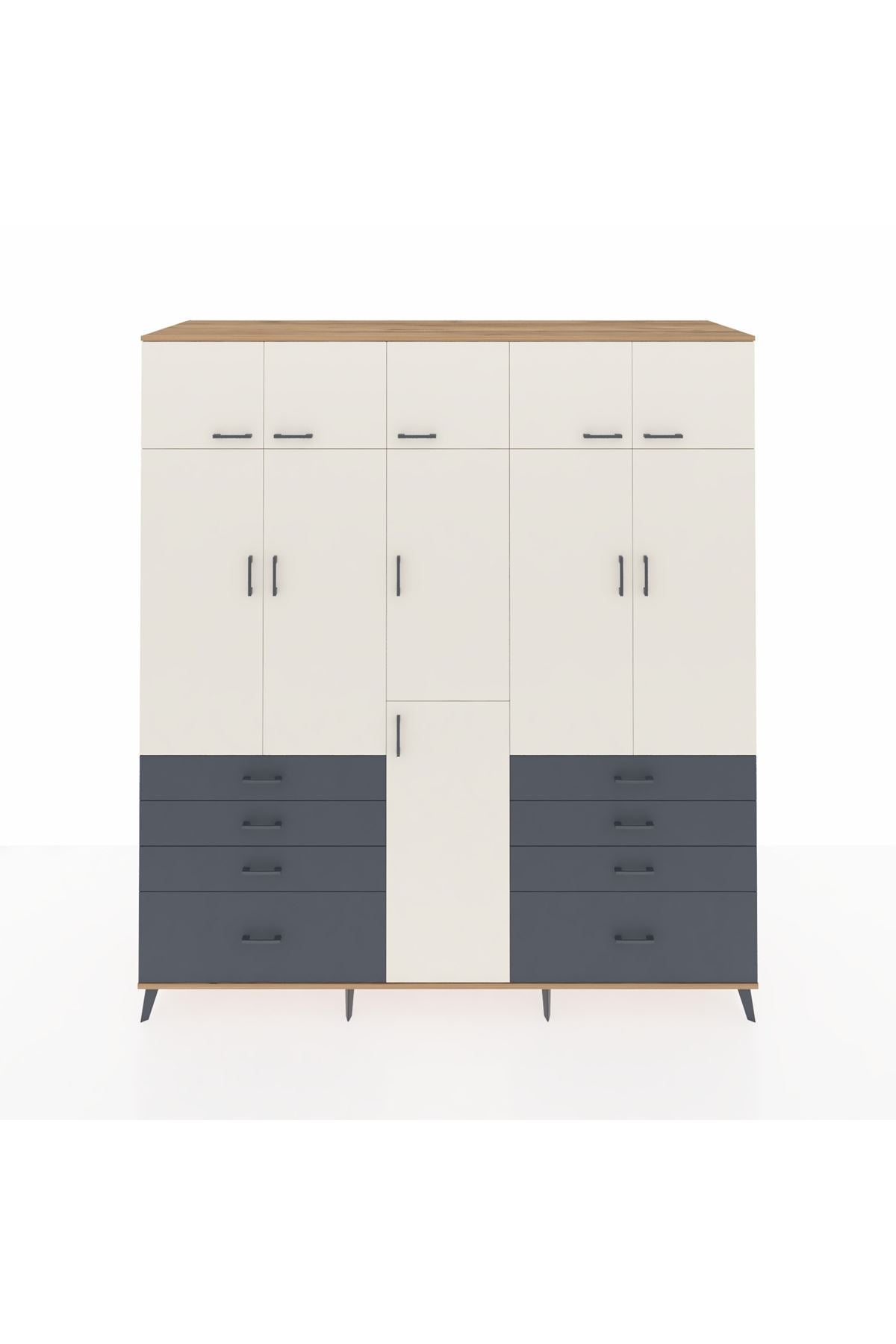 Kronos Dolap 8 Raflı 8 Çekmeceli 3 Askılı 220x59x243 Çam-Aytaşı/Antrasit