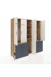 Kronos Dolap 8 Raflı 8 Çekmeceli 3 Askılı 220x59x243 Çam-Aytaşı/Antrasit