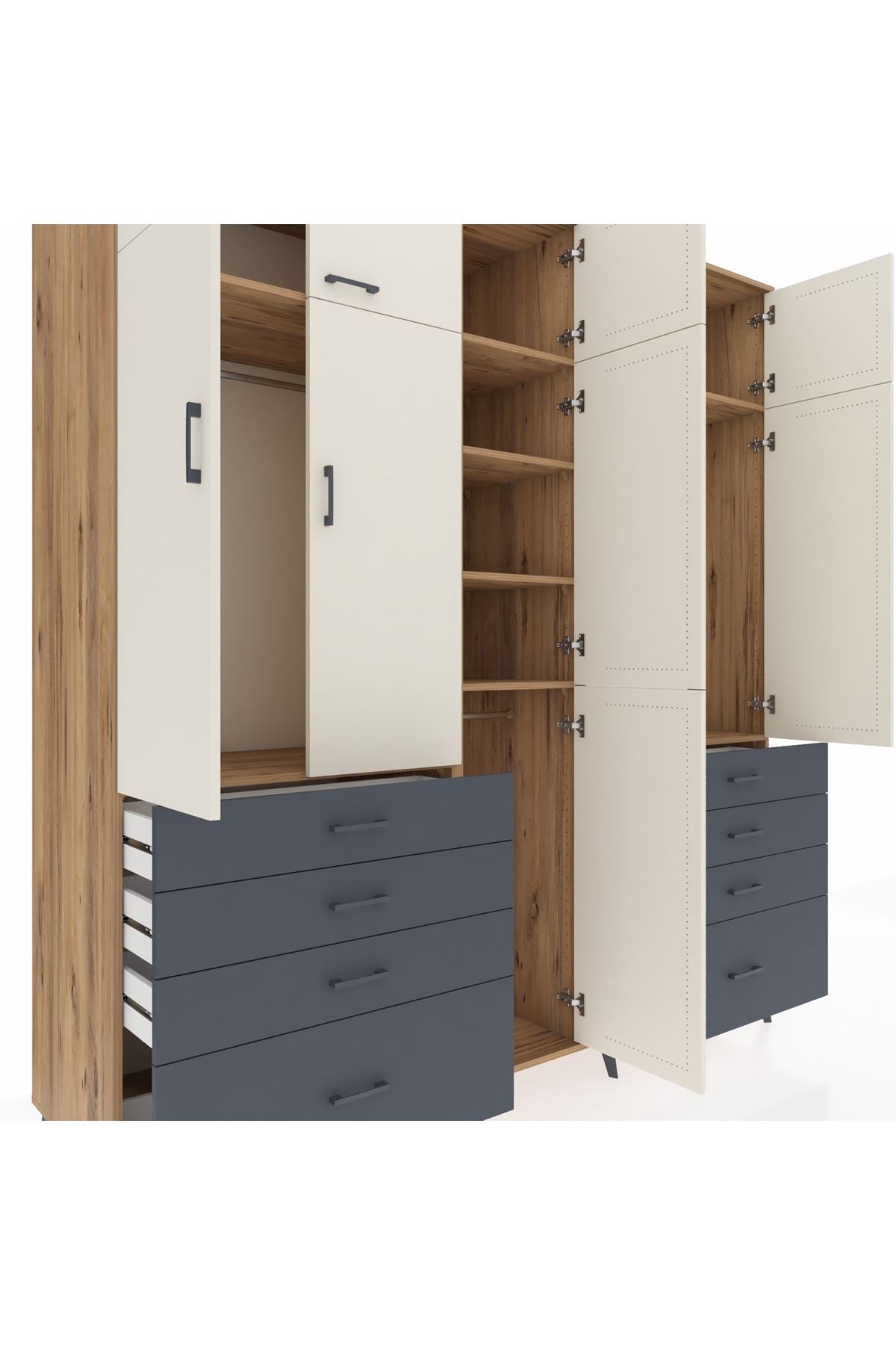 Kronos Dolap 8 Raflı 8 Çekmeceli 3 Askılı 220x59x243 Çam-Aytaşı/Antrasit