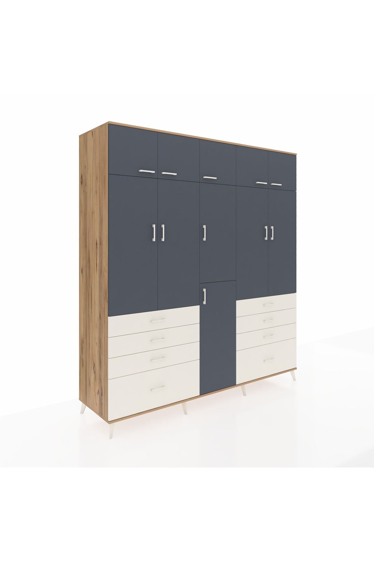 Kronos Dolap 8 Raflı 8 Çekmeceli 3 Askılı 220x59x243 Çam-Antrasit/Aytaşı