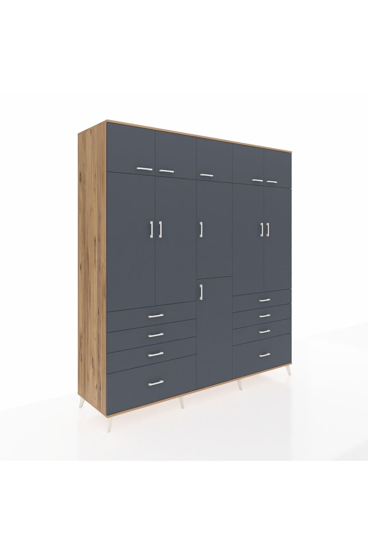 Kronos Dolap 8 Raflı 8 Çekmeceli 3 Askılı 220x59x243 Çam-Antrasit/Antrasit