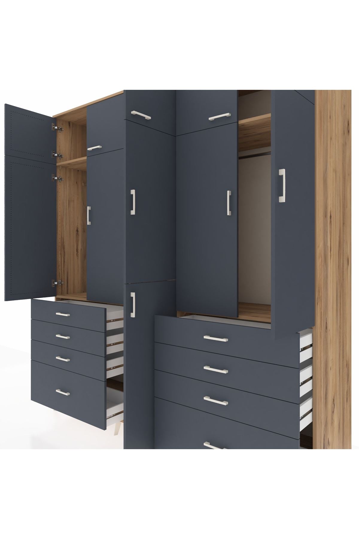 Kronos Dolap 8 Raflı 8 Çekmeceli 3 Askılı 220x59x243 Çam-Antrasit/Antrasit