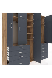 Kronos Dolap 8 Raflı 8 Çekmeceli 3 Askılı 220x59x243 Çam-Antrasit/Antrasit