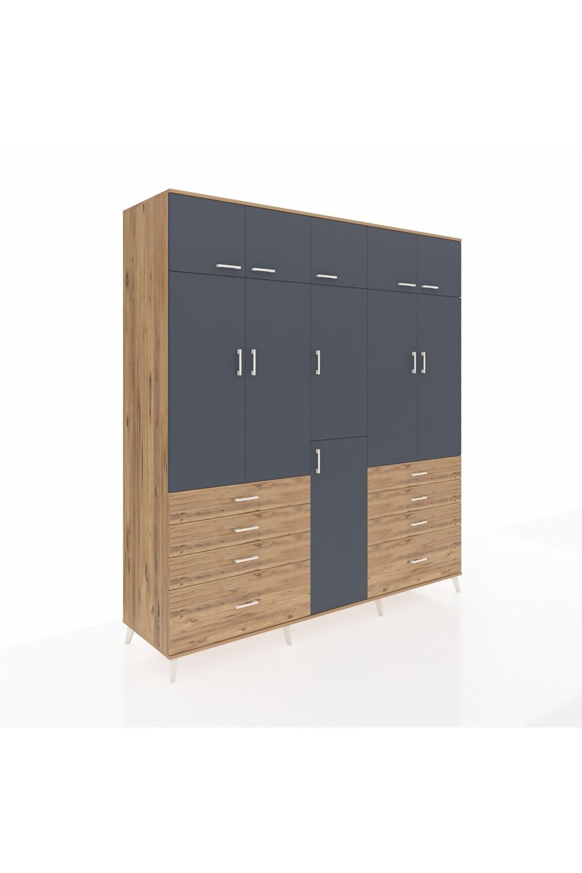 Kronos Dolap 8 Raflı 8 Çekmeceli 3 Askılı 220x59x243 Çam-Antrasit/Çam