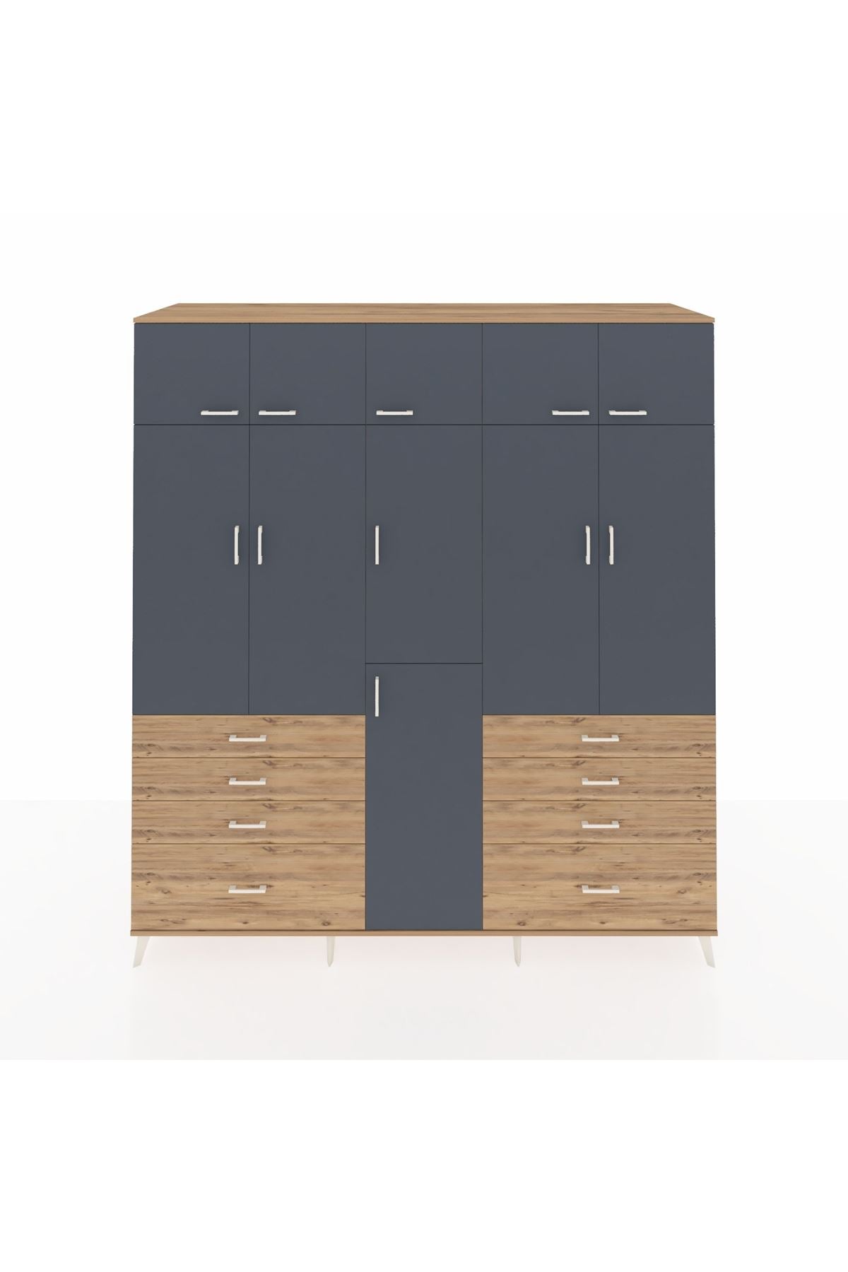 Kronos Dolap 8 Raflı 8 Çekmeceli 3 Askılı 220x59x243 Çam-Antrasit/Çam