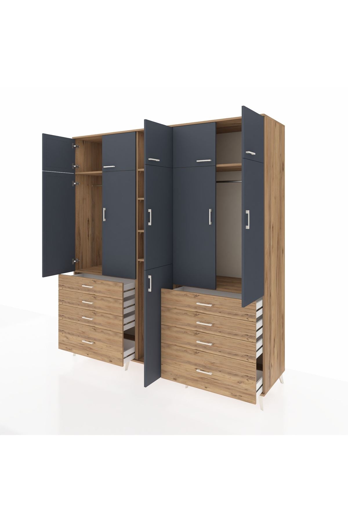 Kronos Dolap 8 Raflı 8 Çekmeceli 3 Askılı 220x59x243 Çam-Antrasit/Çam