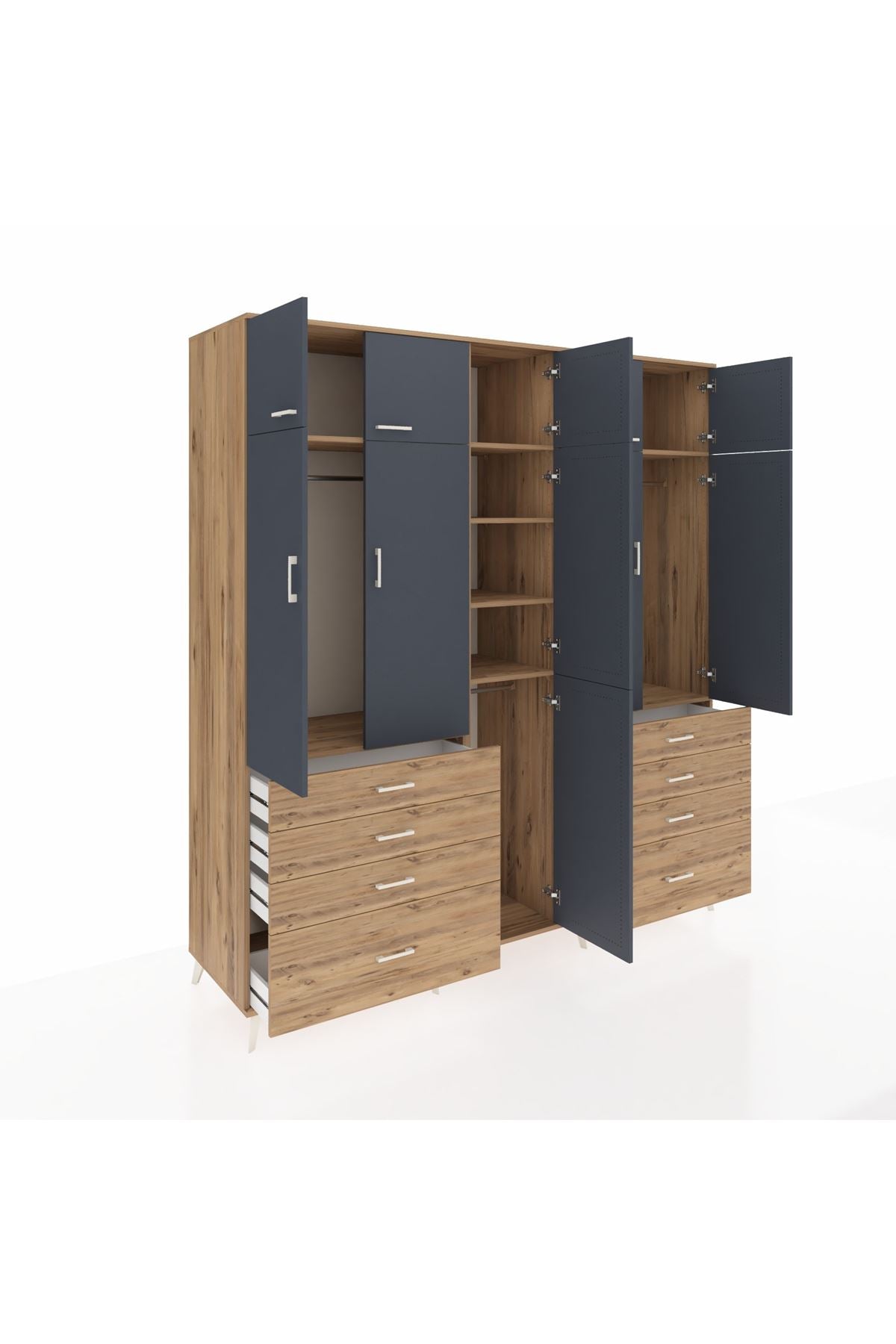 Kronos Dolap 8 Raflı 8 Çekmeceli 3 Askılı 220x59x243 Çam-Antrasit/Çam