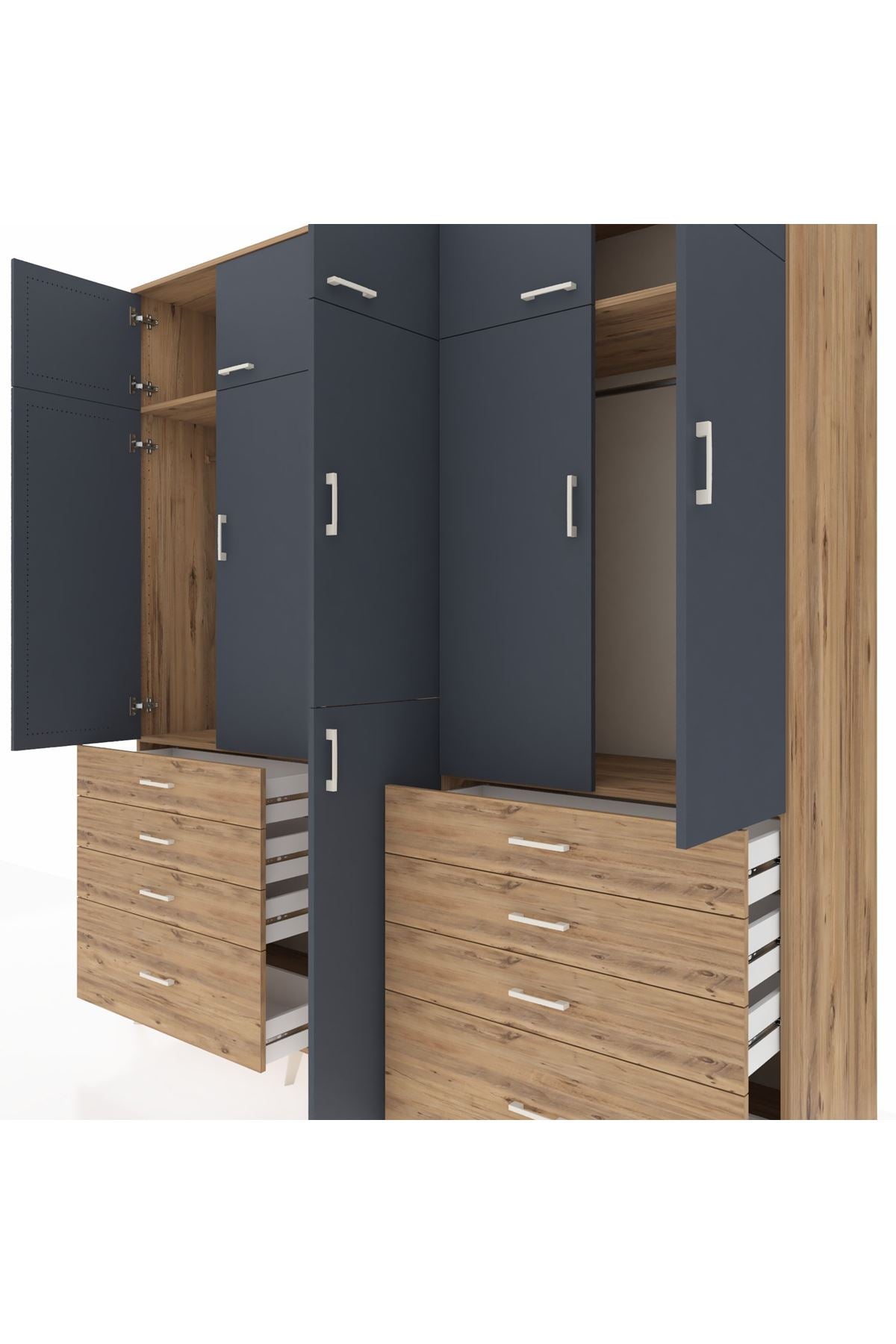 Kronos Dolap 8 Raflı 8 Çekmeceli 3 Askılı 220x59x243 Çam-Antrasit/Çam