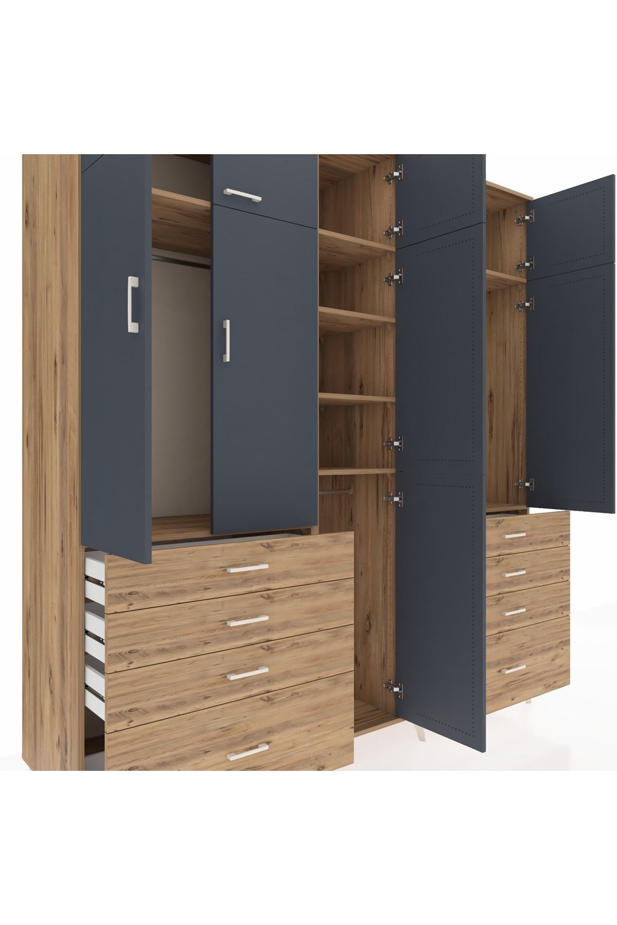 Kronos Dolap 8 Raflı 8 Çekmeceli 3 Askılı 220x59x243 Çam-Antrasit/Çam