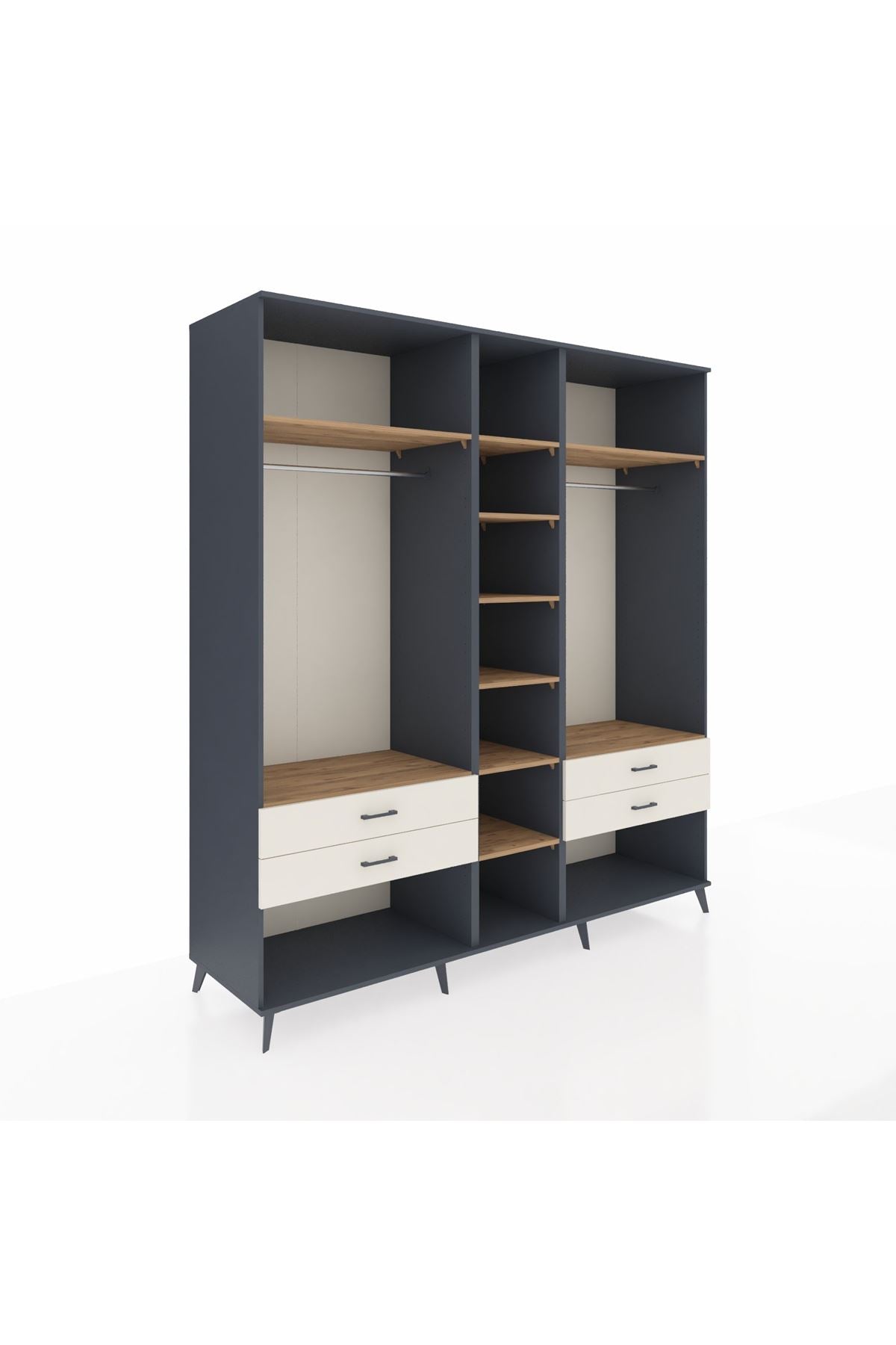 Kronos Dolap 10 Raflı 4 Çekmeceli 2 Askılı 220x59x243 Antrasit-Çam/Aytaşı