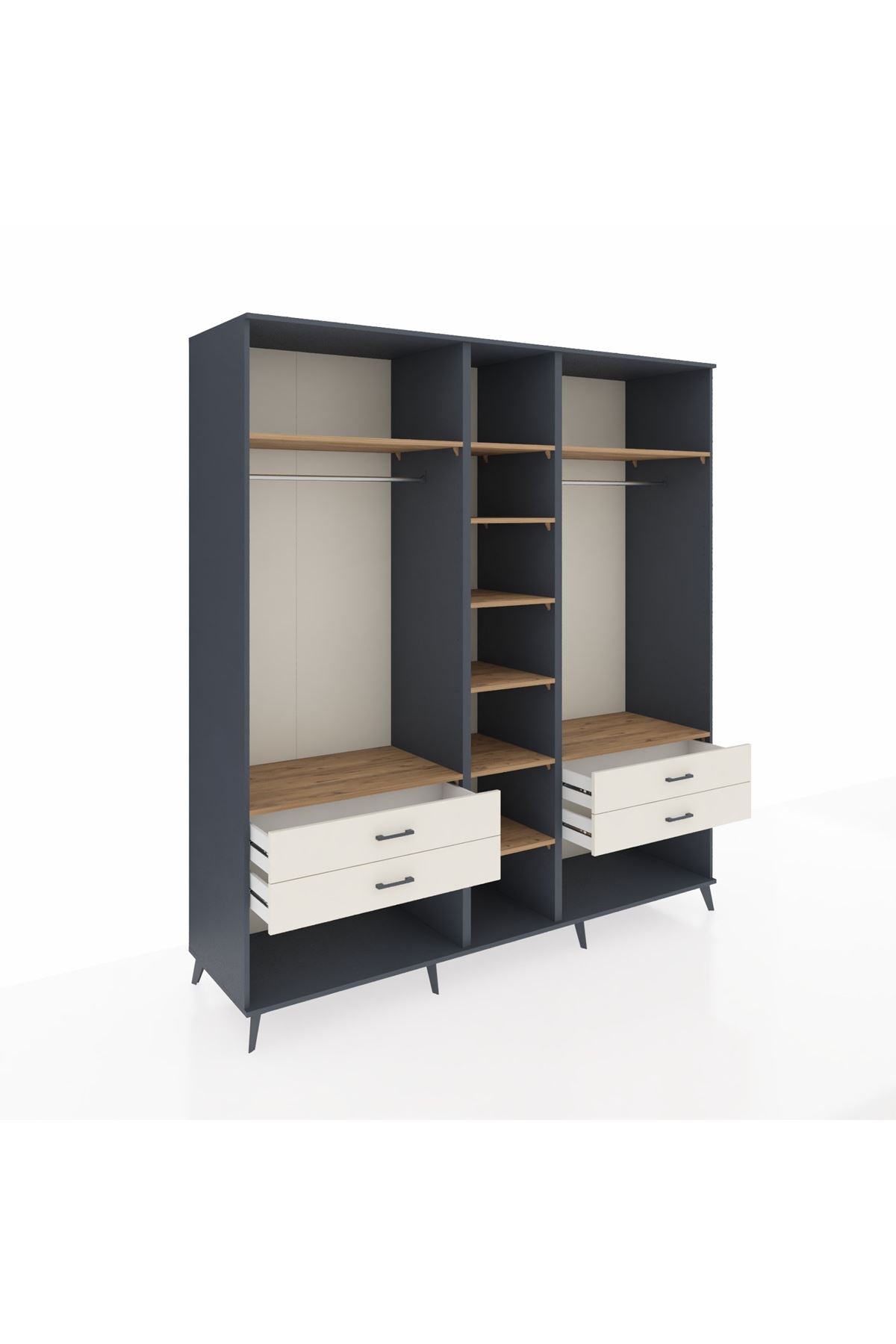 Kronos Dolap 10 Raflı 4 Çekmeceli 2 Askılı 220x59x243 Antrasit-Çam/Aytaşı